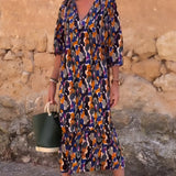 NATHALIE | RETRO NAPISANA OBLEKA Z V-IZREZOM