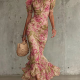 Mae | Vintage Rose Print Puff Sleeve Maxi Dress