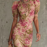 Mae | Vintage Rose Print Puff Sleeve Maxi Dress