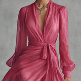 Beatrice | Elegantna Chiffon obleka z V-izrezom in vezanjem v pasu
