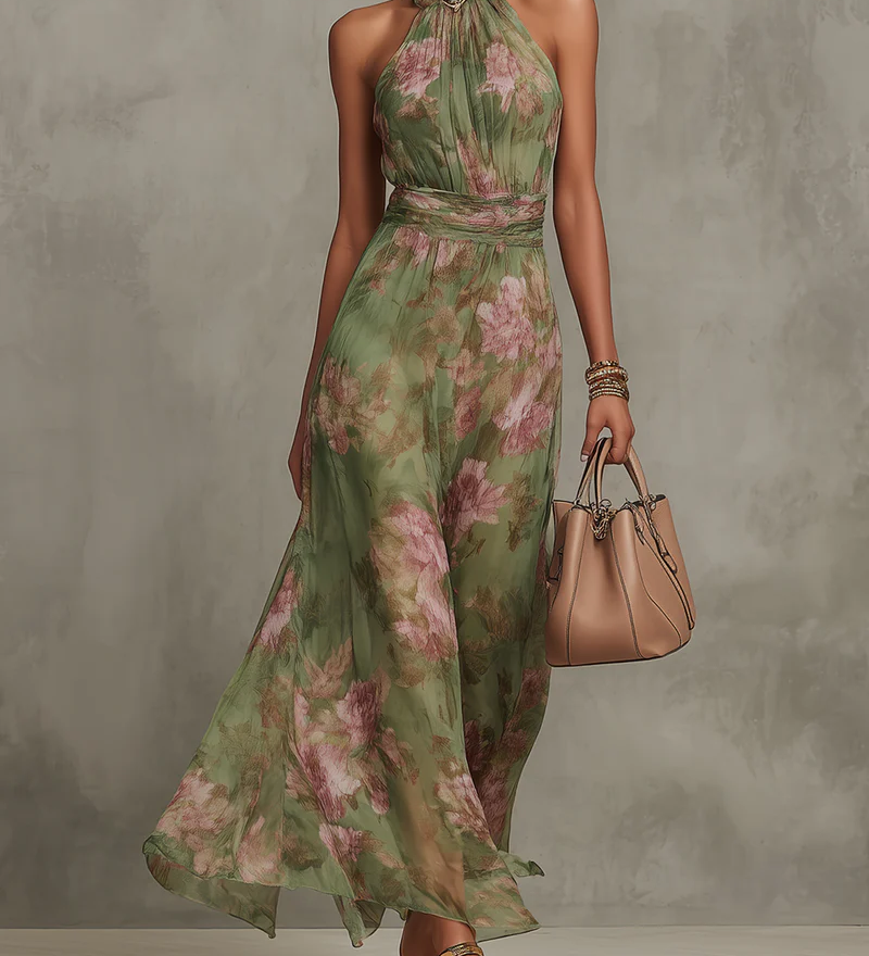Livia | Maxi Halter Obleka s Cvetličnim Motivom