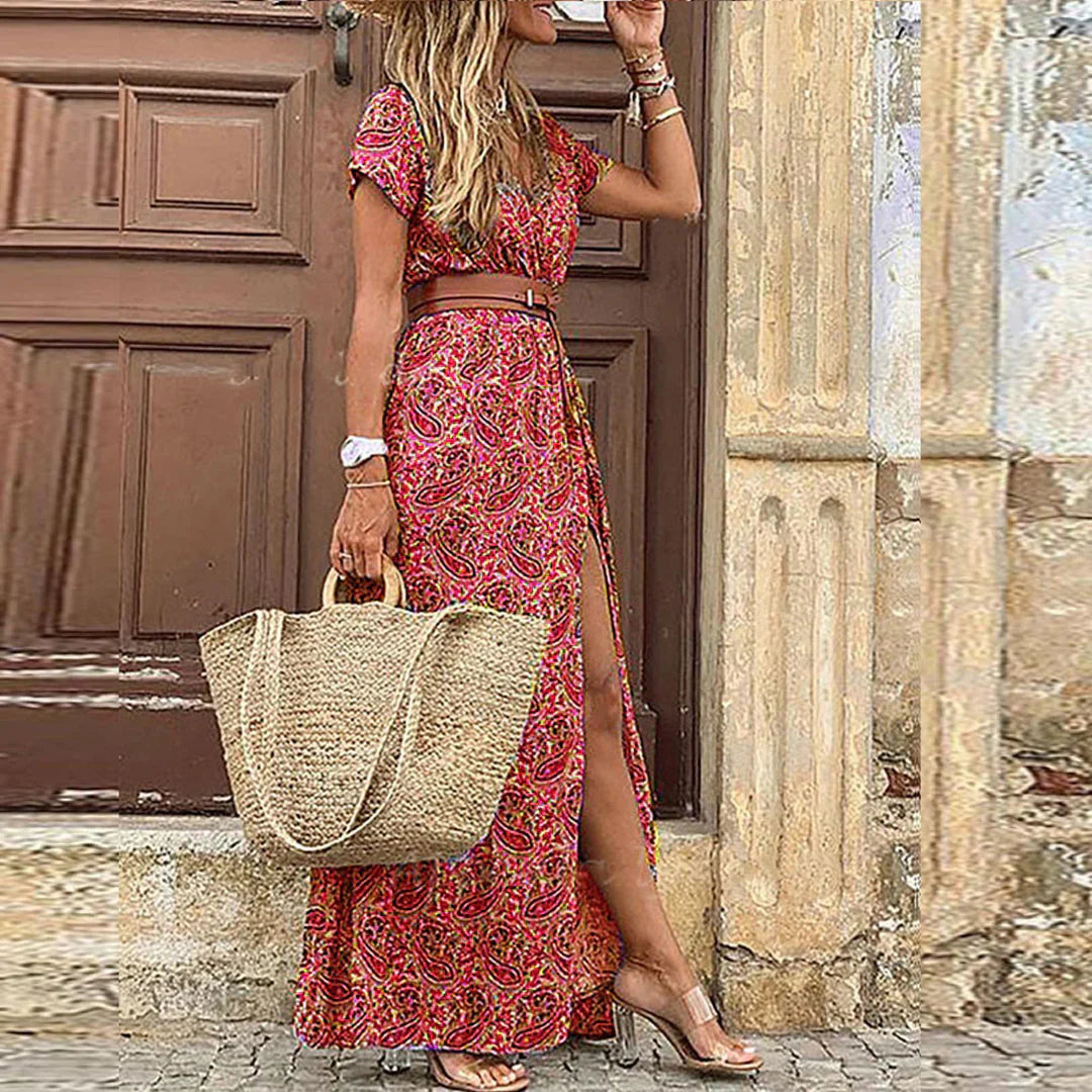 Justine | Dolga boho obleka s pasom